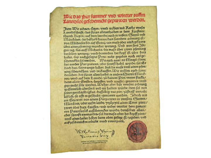 German Beer Purity Act (Reinheitsgebot) Parchment 