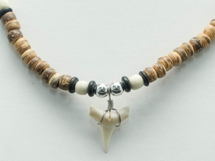 Otodus Fossil Shark Tooth Necklace: Wooden Beads 