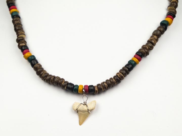 Otodus Fossil Shark Tooth Necklace: Wooden Bead 