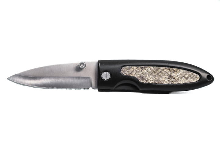Black Pocket Knife with Rattlesnake Inlay 