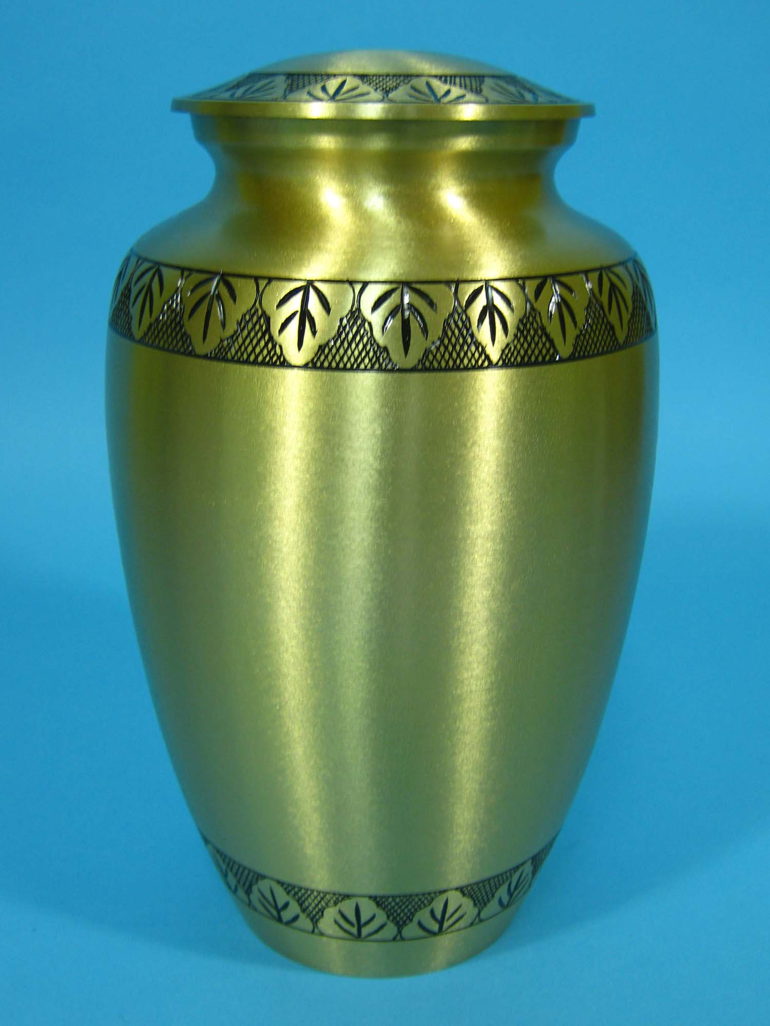 Cremation Urn: Lacquered Brass, Satin Finish, Floral, 10" 