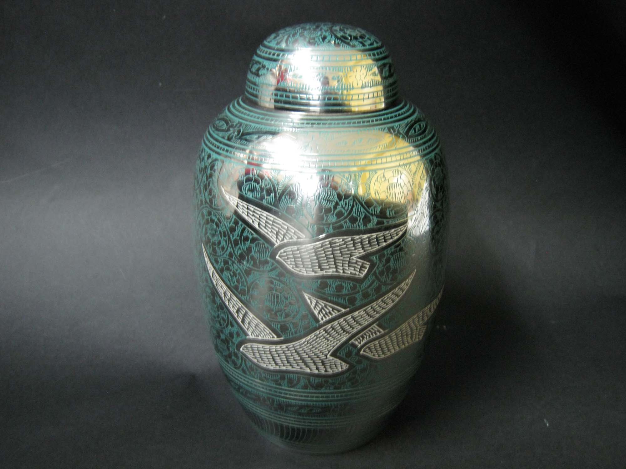 Cremation Urn: Brass, Blue Enameled Finish, Going Home, 10"  