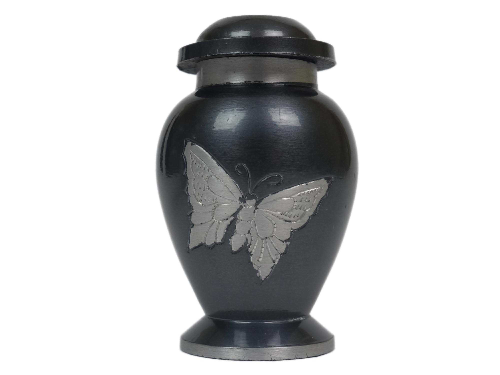Cremation Keepsake Urn In Velvet Box: Blue-Black Finish, Butterfly Design 