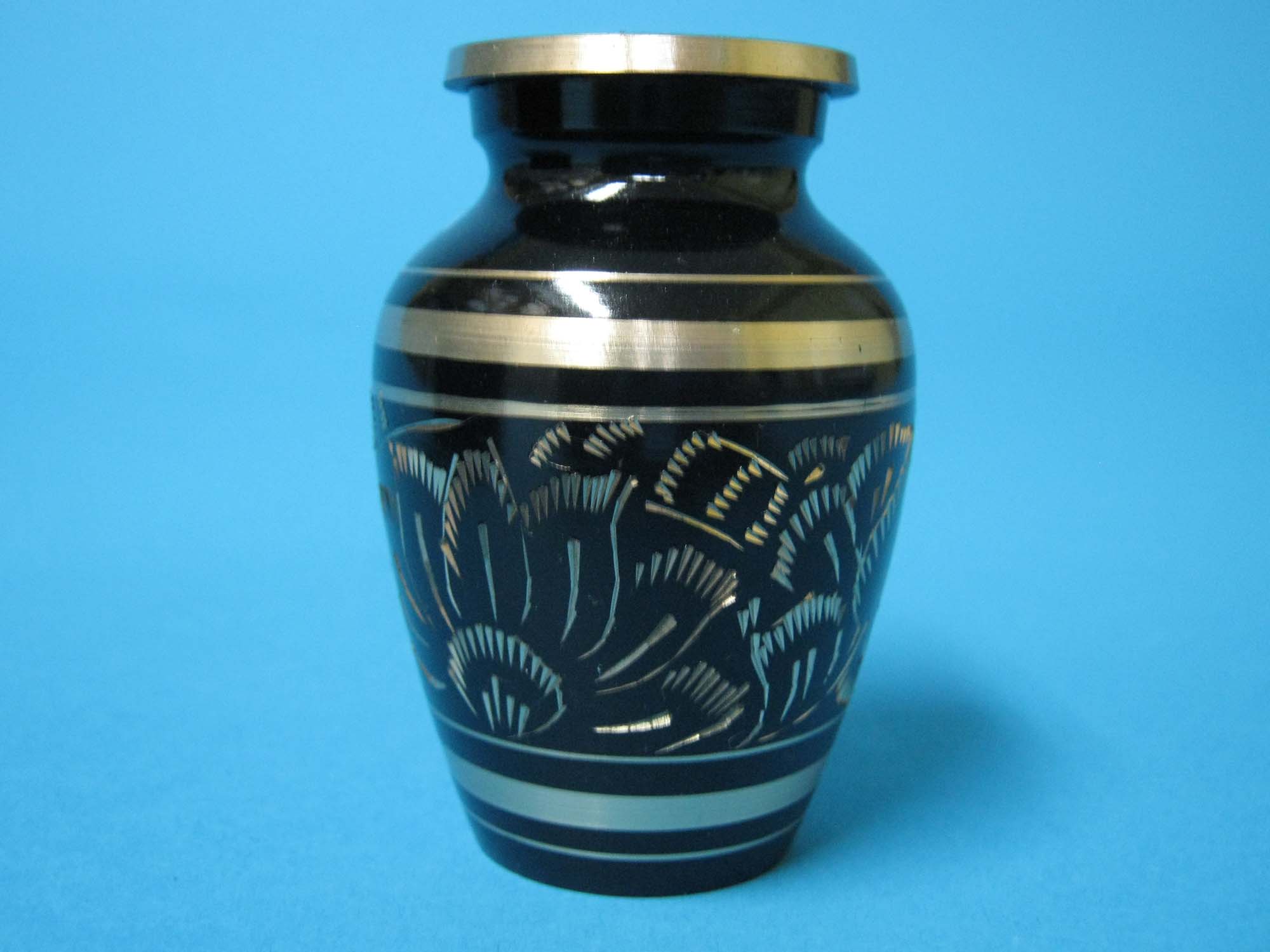 Cremation Keepsake Urn In Velvet Box: Lacquered Brass, Engraved, Black Finish 