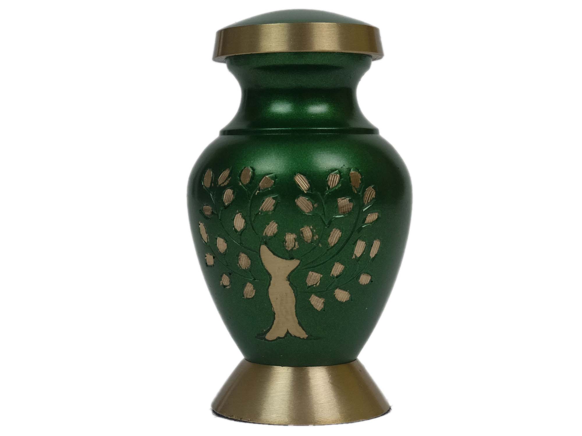 Cremation Keepsake Urn In Velvet Box: Green Finish, Engraved Tree Design 