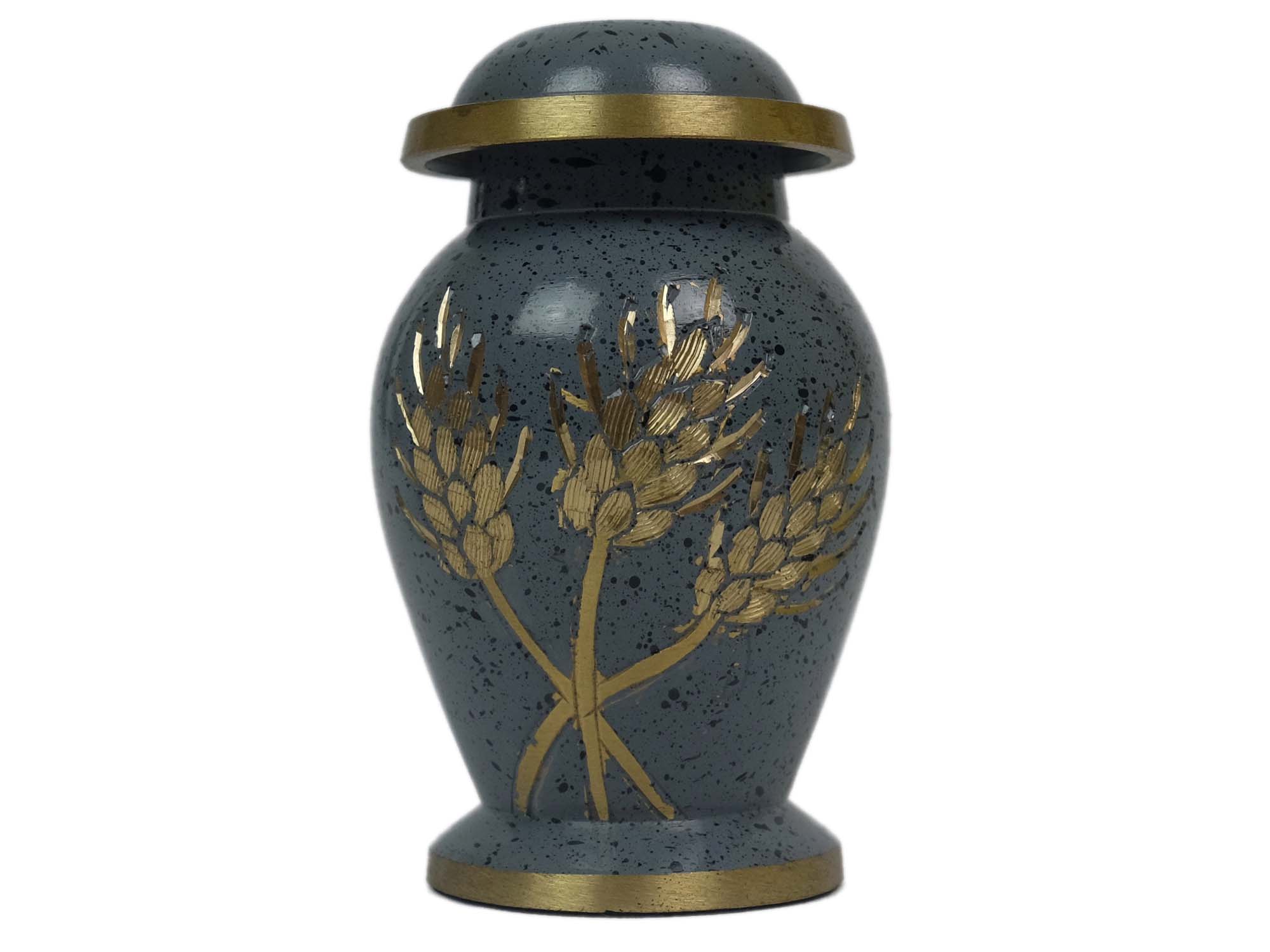 Cremation Keepsake Urn In Velvet Box: Gray Enameled, Gold Wheat Design - 1136-30-692 (8UW10)