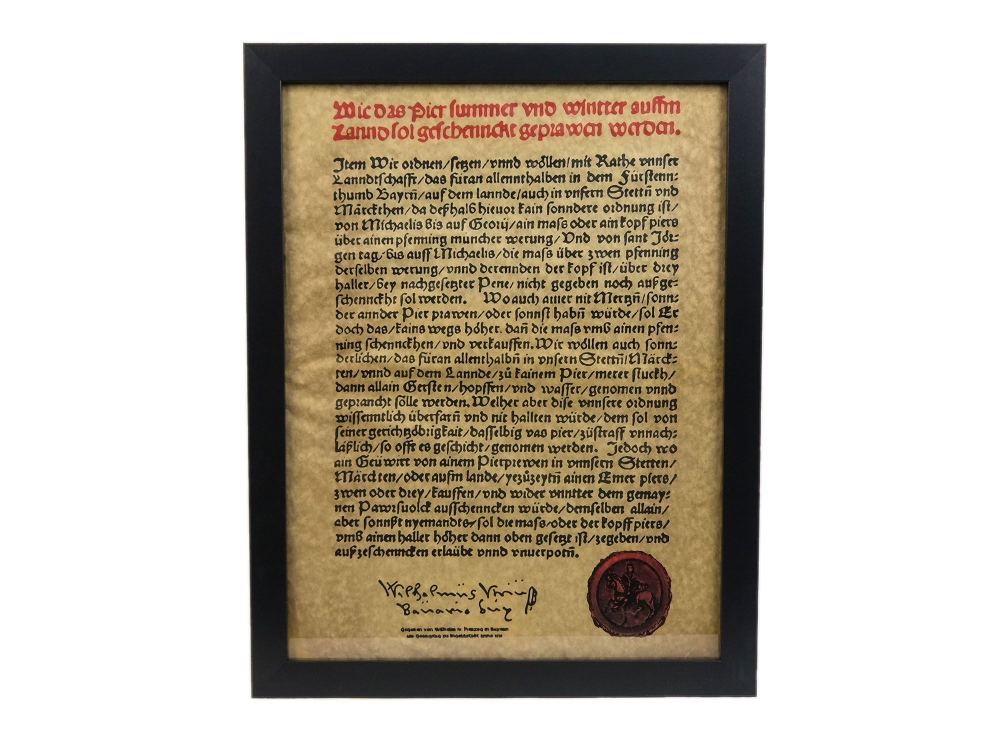 Framed German Beer Purity Act (Reinheitsgebot) Parchment: Gallery Item 