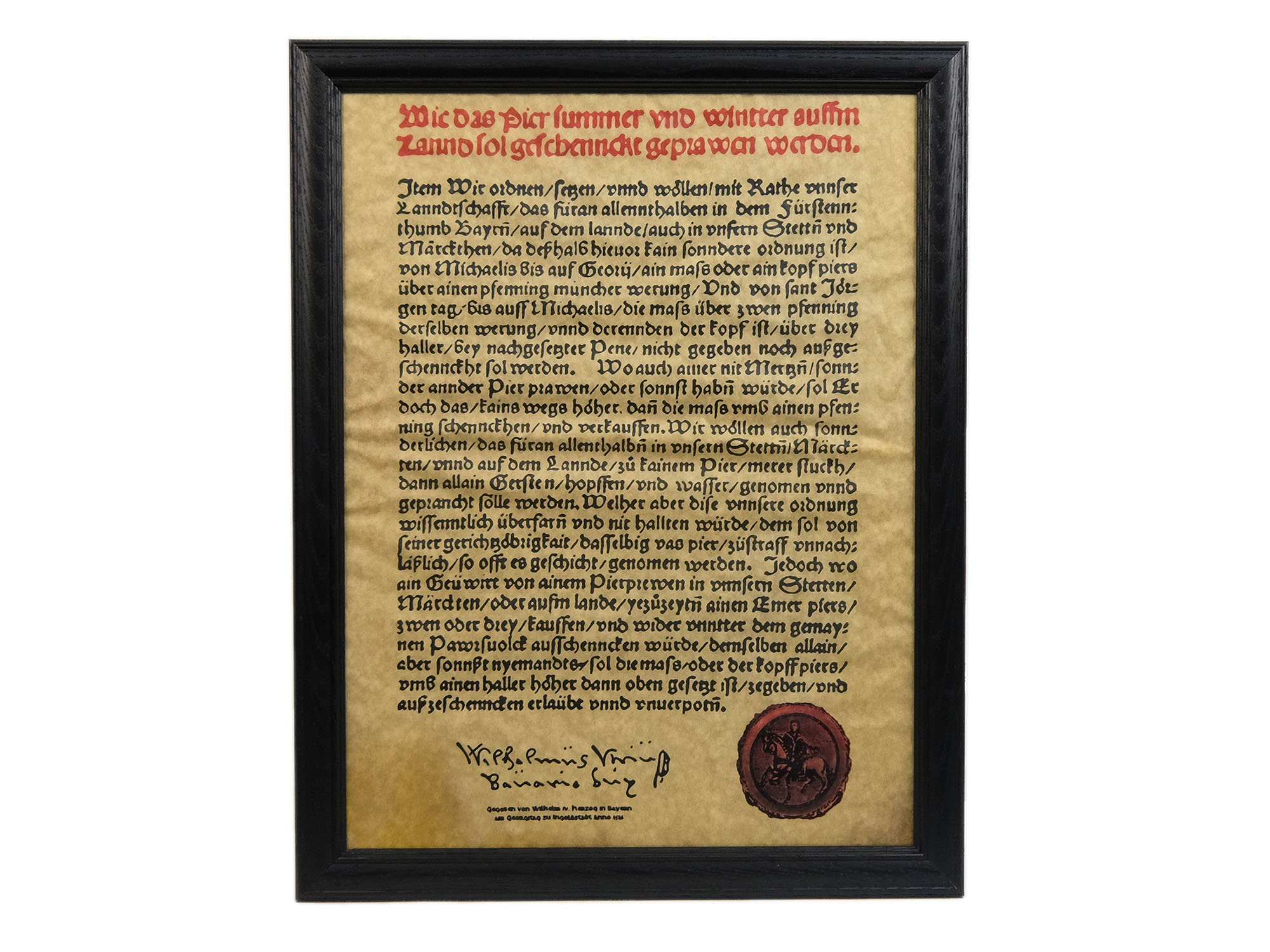 Framed German Beer Purity Act (Reinheitsgebot) Parchment: Gallery Item 