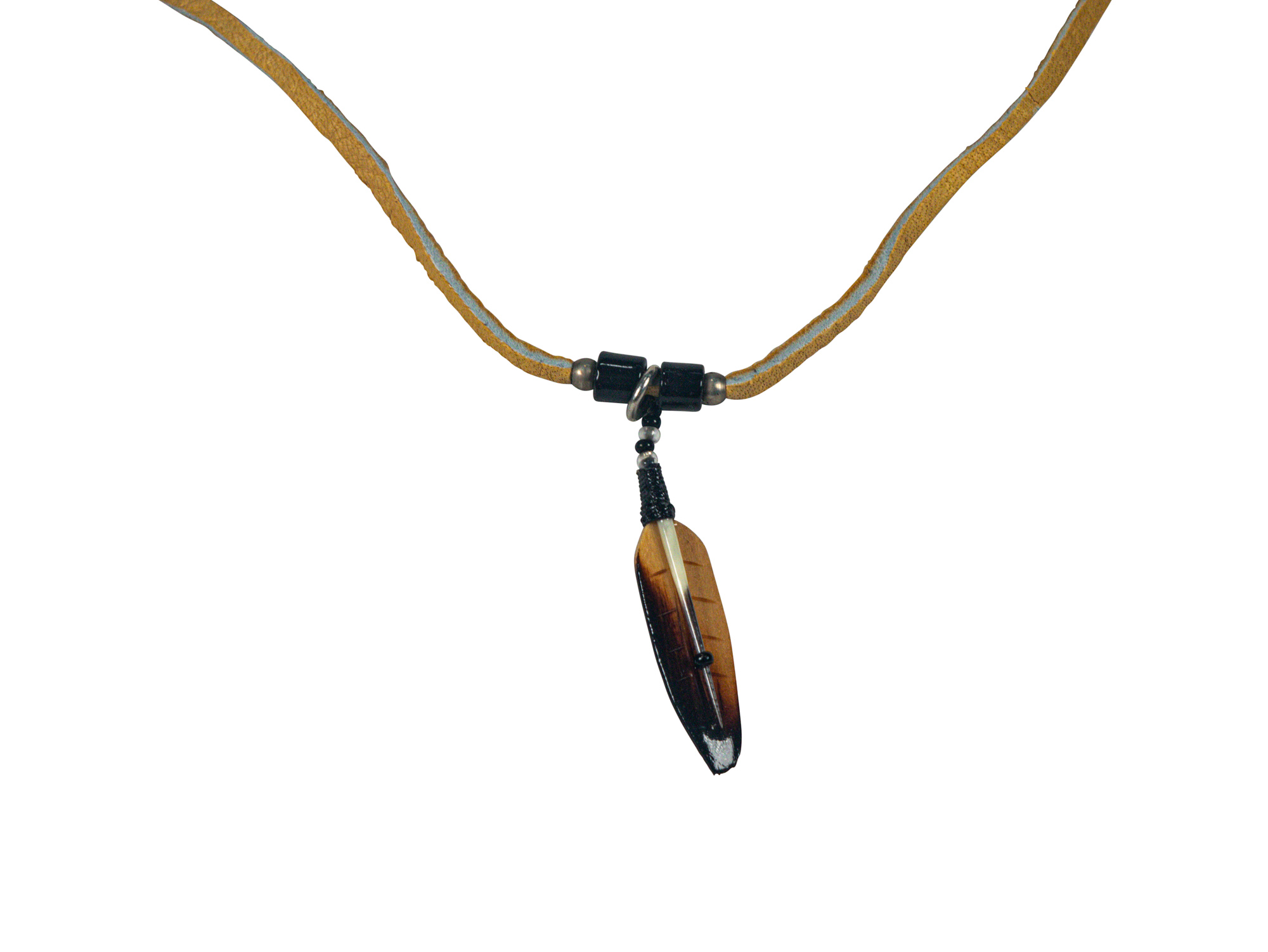 Ojibwa Wood Feather Quill Necklace: Gallery Item 