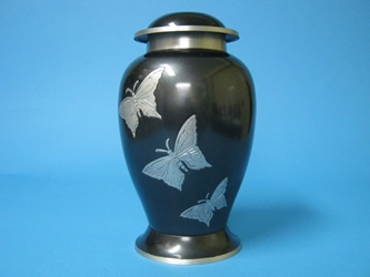 Cremation Urn: Solid Metal, Black, Butterfly Design, 11" 