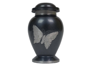 Cremation Keepsake Urn In Velvet Box: Blue-Black Finish, Butterfly Design 