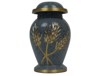 Cremation Keepsake Urn In Velvet Box: Gray Enameled, Gold Wheat Design 