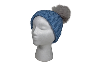 Baby Blue 100% Merino Wool Hat with Natural Blue Fox Pompom 