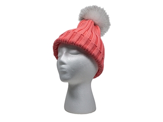 Pink 100% Merino Wool Hat with Natural Blue Fox Pompom 