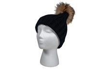 Black 100% Merino Wool Hat with Natural Finn Raccoon Pompom 