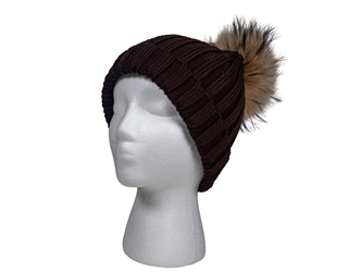 Brown 100% Merino Wool Hat with Natural Finn Raccoon Pompom 