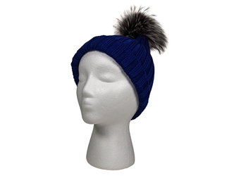 Royal Blue 100% Merino Wool Hat with Natural Silver Fox Pompom 