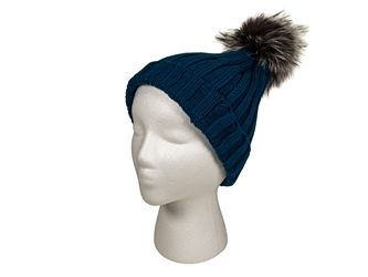 Teal 100% Merino Wool Hat with Natural Silver Fox Pompom 